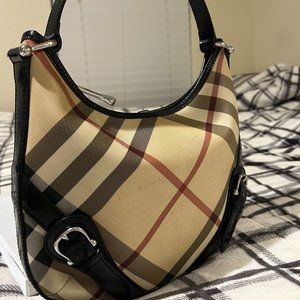 BURBERRY NOVA CHECKERED Shoulder Bag PVC Leather Beige-Black-Red Hobo Style Purs